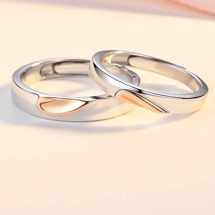 Engraved Half Hearts Rings Set for Two - 18K Gold Plated Sterling Silver