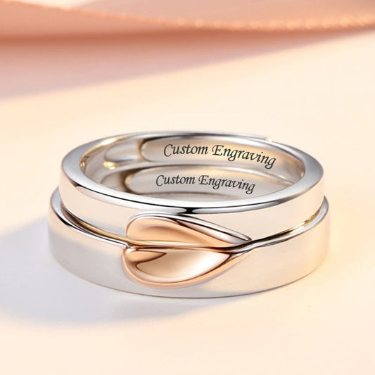 Engraved Half Hearts Rings Set for Two - 18K Gold Plated Sterling Silver