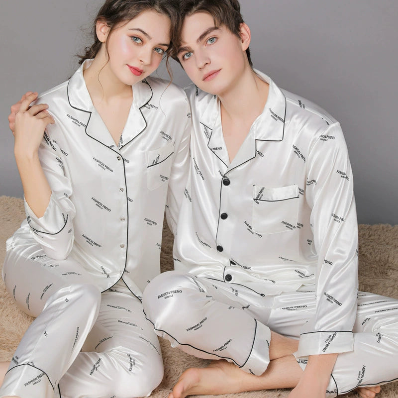Elegant All-Over Text Print Satin Couple Pajamas