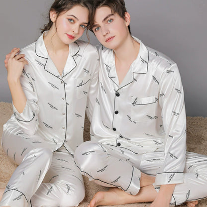Elegant All-Over Text Print Satin Couple Pajamas
