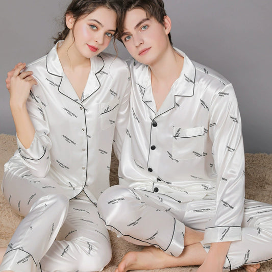 Elegant All-Over Text Print Satin Couple Pajamas