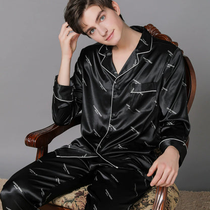 Elegant All-Over Text Print Satin Couple Pajamas