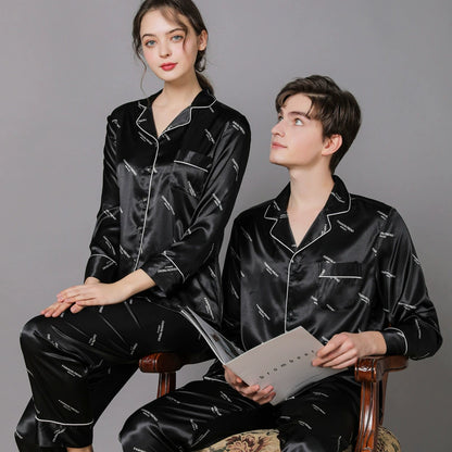Elegant All-Over Text Print Satin Couple Pajamas