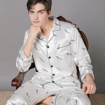 Elegant All-Over Text Print Satin Couple Pajamas
