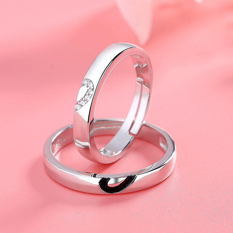 Engraved Half Heart Engagement Rings Set for 2