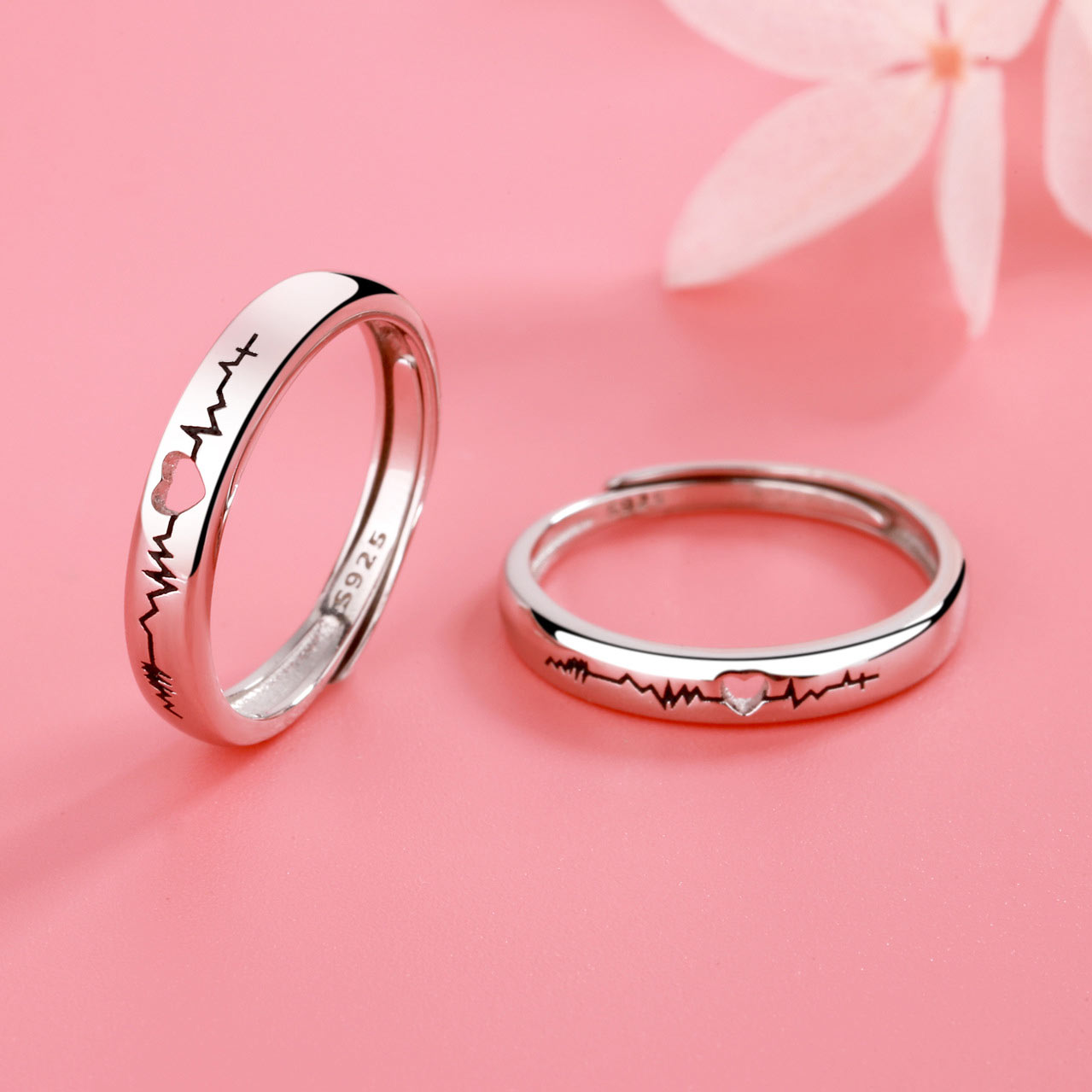 Engraved Heartbeat Couple Promise Rings Set