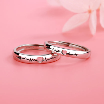 Engraved Heartbeat Couple Promise Rings Set