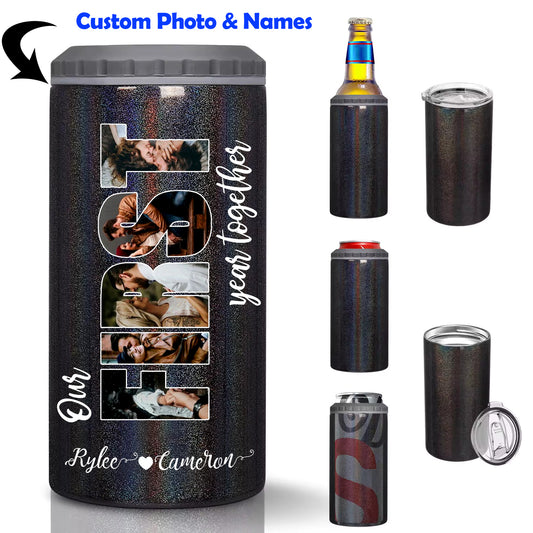 1st Anniversary Couples Photos Beverage Bottle Can Cooler