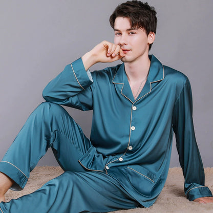 Elegant Solid Satin Long-Sleeve Couple Pajamas