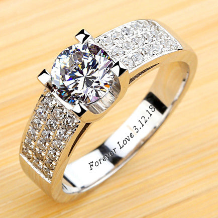 Engraved 1 Carat Diamond Ring for Her Pt Plated Silver