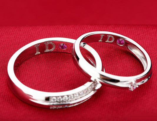 Engraved Ruby Lab Diamond Matching Rings Set