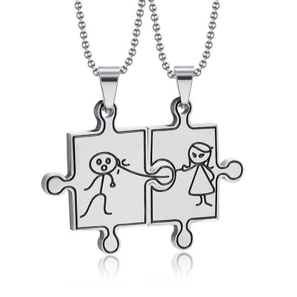 Engraved Jigsaw Puzzle Funny Couple Chain Necklaces Set