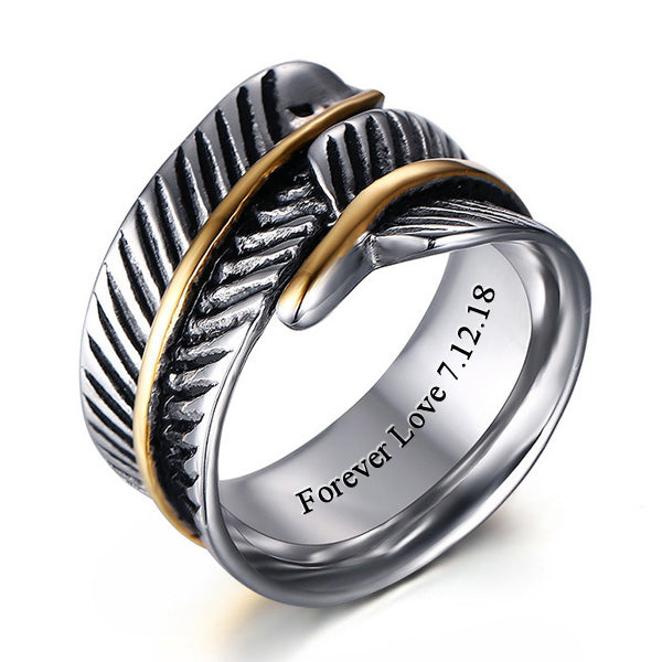Personalized Feather Mens Ring Polished Titanium 10mm