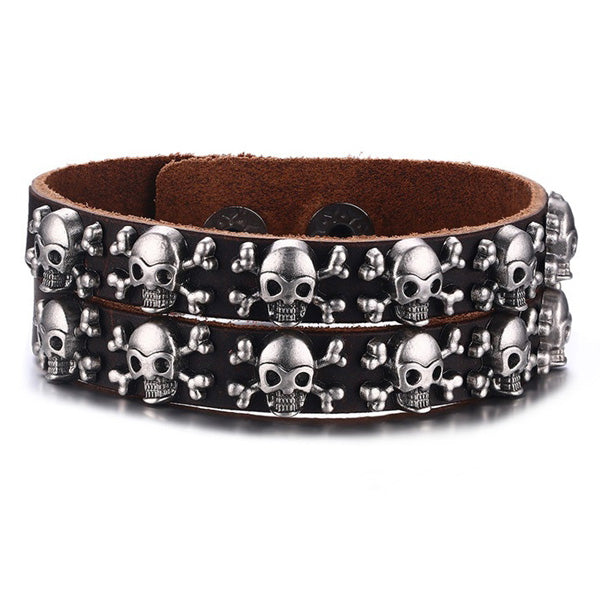 Punk Skull Leather Wrap Bracelet for Guys Brown