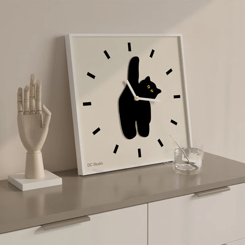 Midnight Muse Silent Square Cat Wall Clock — 12"