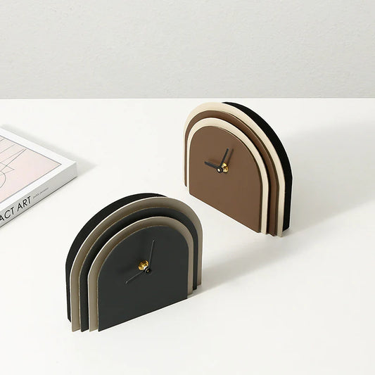 Multilayered Wood & Leather Silent Desk Clock – 19×17 cm (Blue/Brown)