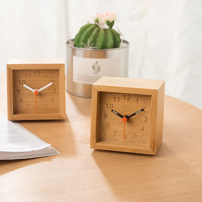 Wooden Square Silent Table Clock — Minimalist Bamboo (7cm)