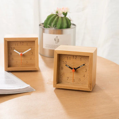 Wooden Square Silent Table Clock — Minimalist Bamboo (7cm)