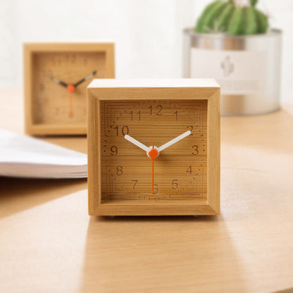 Wooden Square Silent Table Clock — Minimalist Bamboo (7cm)