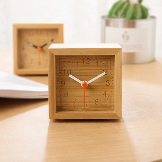 Wooden Square Silent Table Clock — Minimalist Bamboo (7cm)
