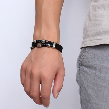 Personalized Leather Mens Wrap Bracelet Black