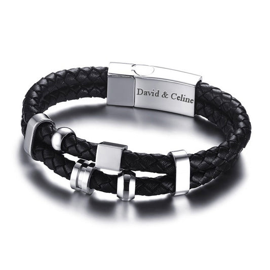 Personalized Leather Mens Wrap Bracelet Black