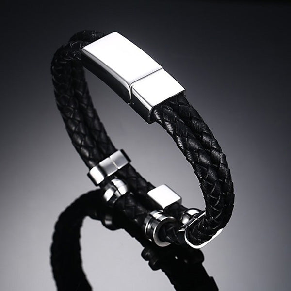Personalized Leather Mens Wrap Bracelet Black
