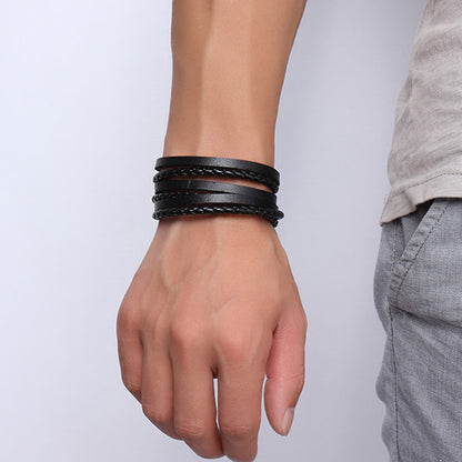 Mens Engraved Leather Wrap Bracelet Black