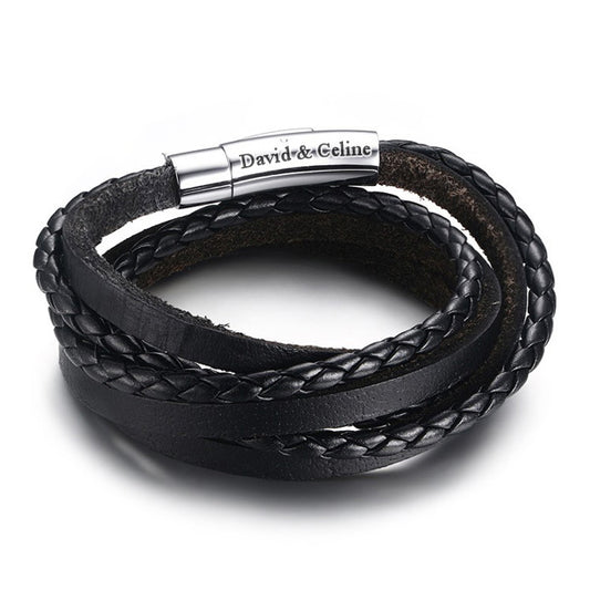 Mens Engraved Leather Wrap Bracelet Black