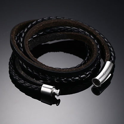 Mens Engraved Leather Wrap Bracelet Black