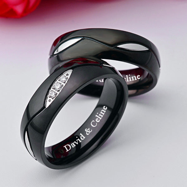 Personalized Matching Promise Rings Set Black Titanium 6mm