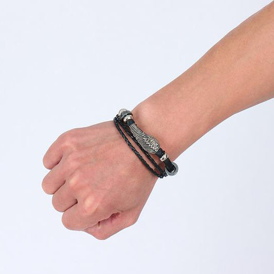 Engraved Angel Wing Mens Bracelet - Personalized Leather Gift