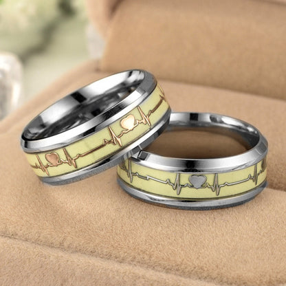 Unique Glowing Heartbeat Lovers Engraved Rings Set
