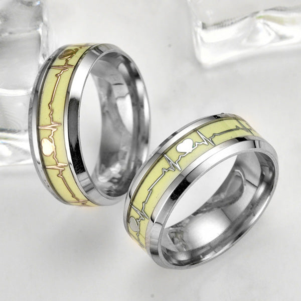 Unique Glowing Heartbeat Lovers Engraved Rings Set