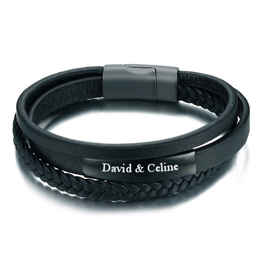 Customized Leather Wrap Mens Bracelet Gift Black