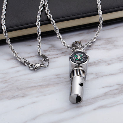 Engravable Whistle Compass Mens Pendant Necklace