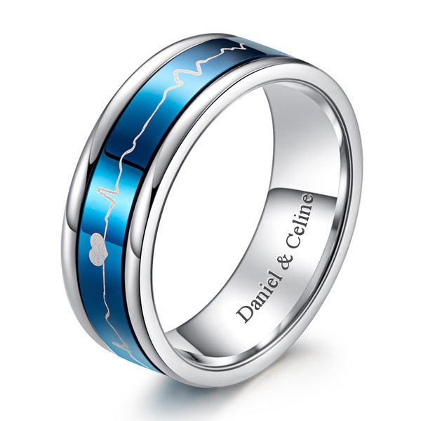 Personalized Heartbeart Mens Wedding Ring Black and Blue 9mm