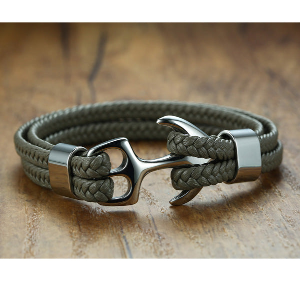 Anchor Engraved Mens Wrap Bracelet Black Steel