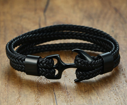 Anchor Engraved Mens Wrap Bracelet Black Steel