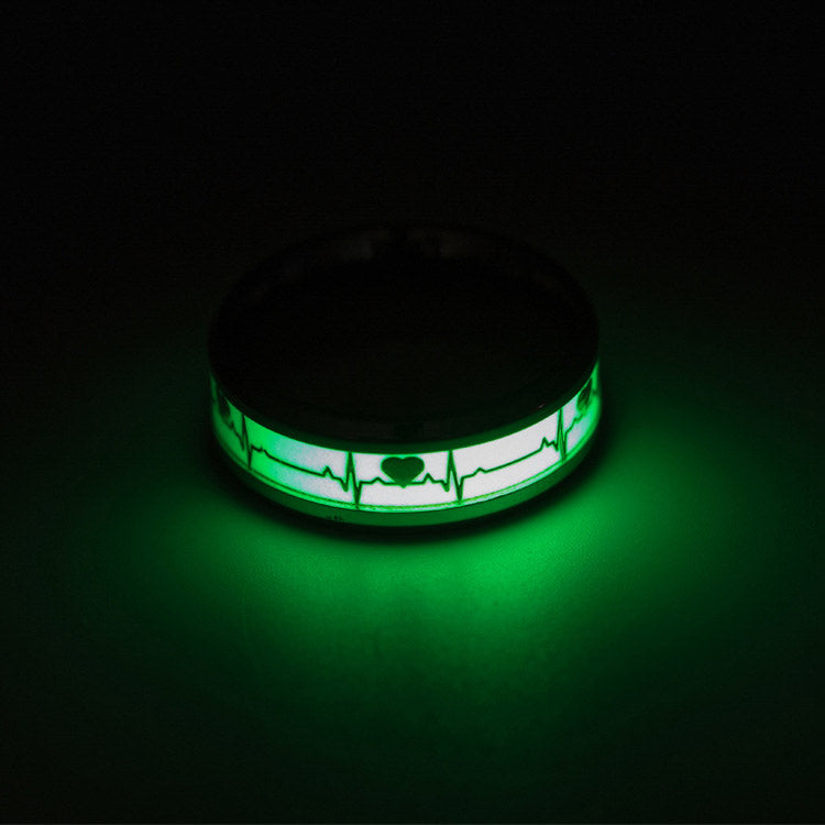 Night Glowing Heartbeat Mens Ring with Engraving