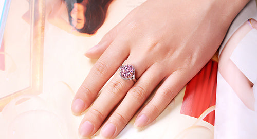 Personalized 3 Carat Oval Pink NSCD Ring for Her - 18K White Gold Plated Sterling Silver