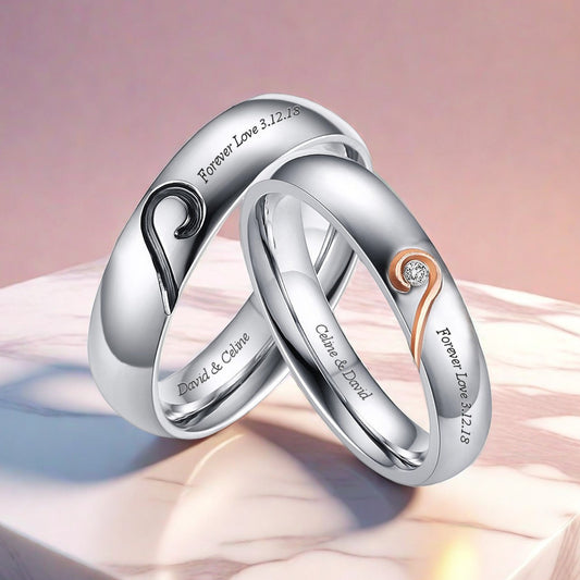 Personalized Matching Hearts Titanium Wedding Rings Set