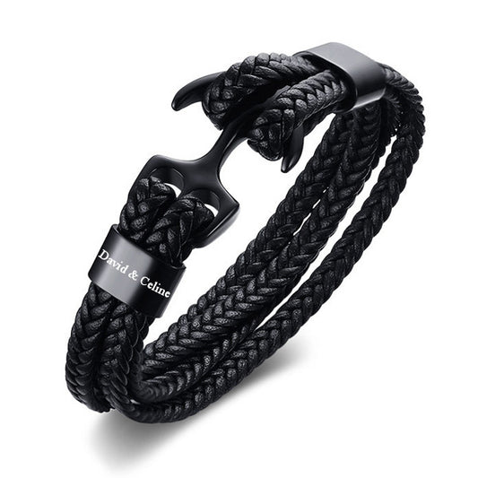 Anchor Engraved Mens Wrap Bracelet Black Steel