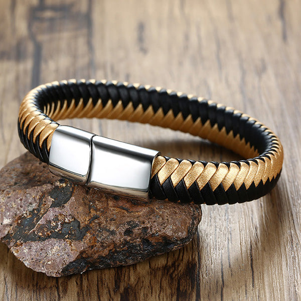 Mens Engraved Leather Wrap Bracelet Gold