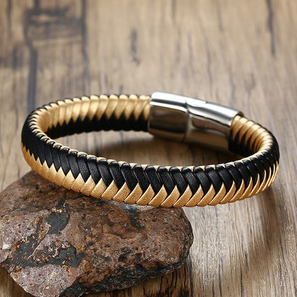 Mens Engraved Leather Wrap Bracelet Gold