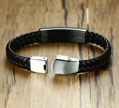 Personalized Leather Mens Bracelet Rhinestones Black