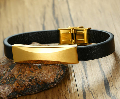 Personalized Love Leather Bracelet for Men Stainless Steel Gold