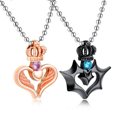 Matching Hearts King Queen Crowns Couples Necklaces