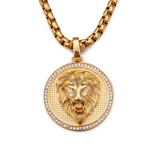 Engravable Lion Face Mens Pendant Necklace