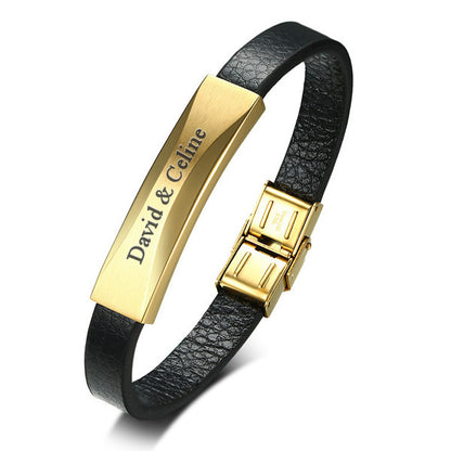 Personalized Love Leather Bracelet for Men Stainless Steel Gold